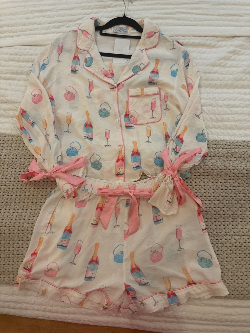 NWT Medium Champagne Print Two-Piece Pajama Set - Cream with Pink & Teal Accents
